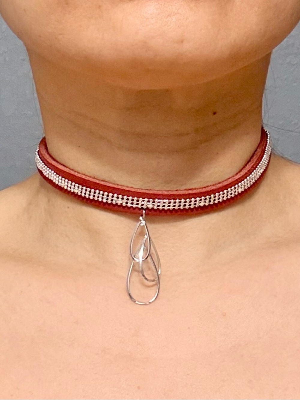Red Silver Trim Choker Necklace with Silver Teardrop Pendant - UNIQUE!